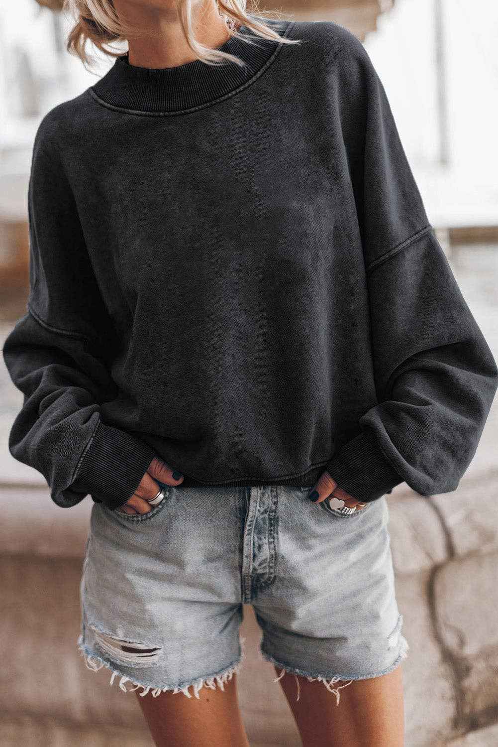 Solid Color Drop Shoulder Crew Neck Pullover Sweatshirt: Blue / 75%Polyester+25%Cotton / M