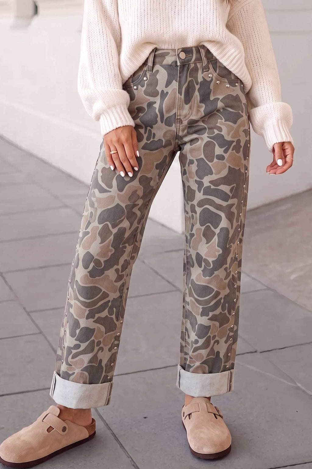Camo Print Studded Straight Loose Jeans | Expected by 10/25