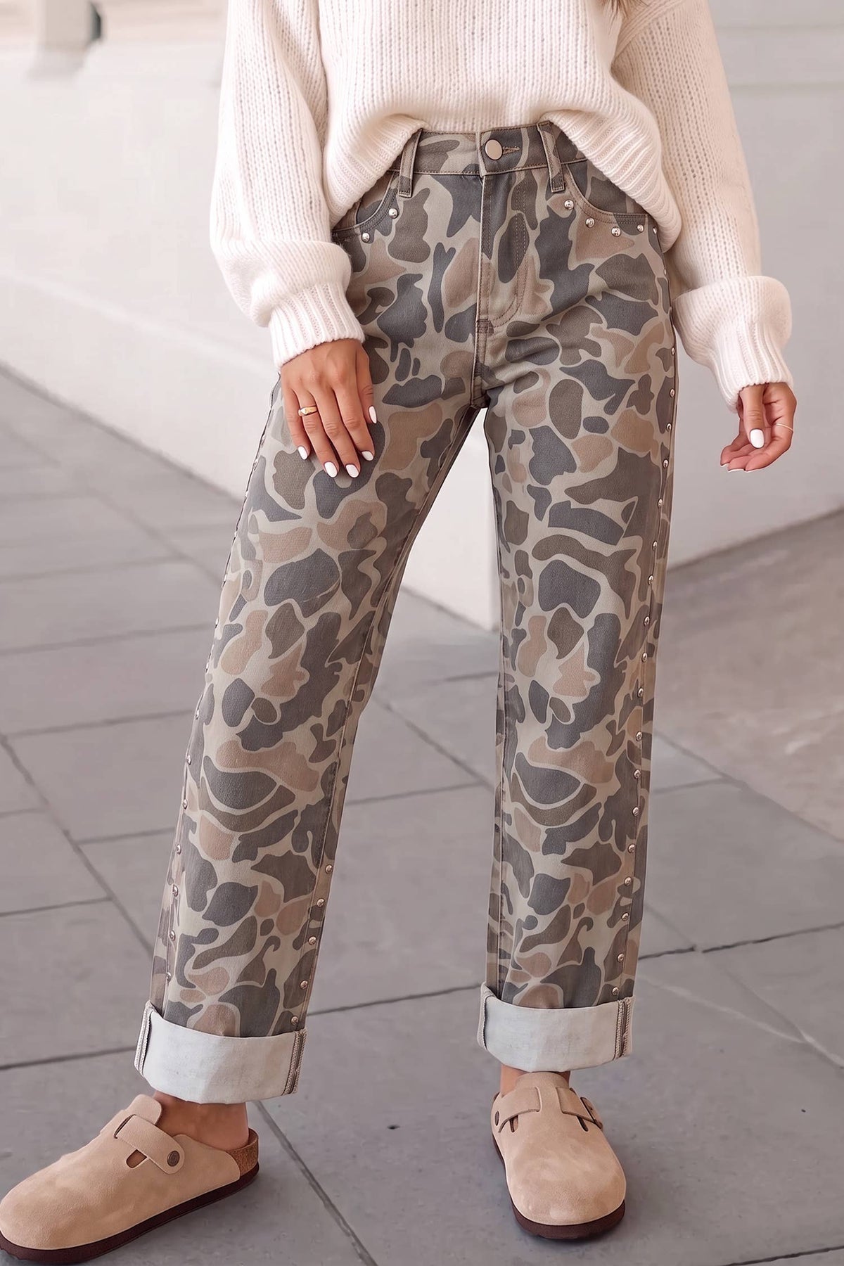 Camo Print Studded Straight Loose Jeans | Expected by 10/25