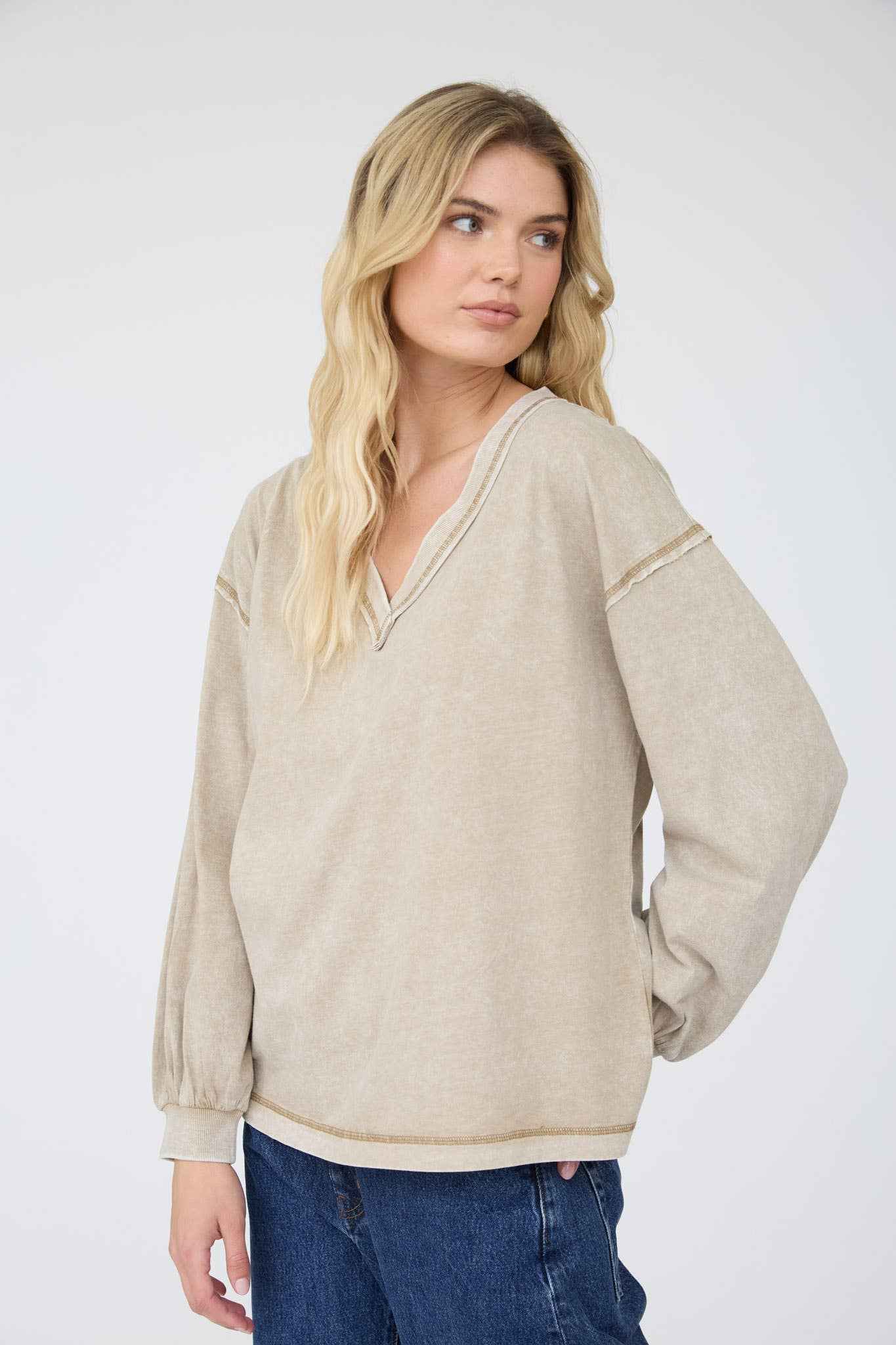 WASHED INVERTED SEAM DETAIL LONG SLEEVE KNIT TOP