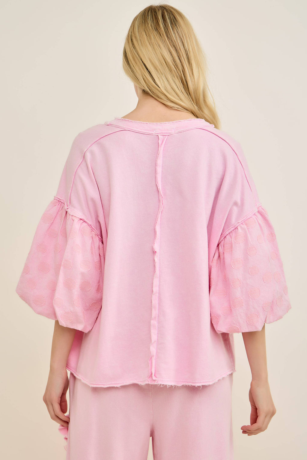 Mineral Washed Pink Polka dot Balloon Puff Blouse