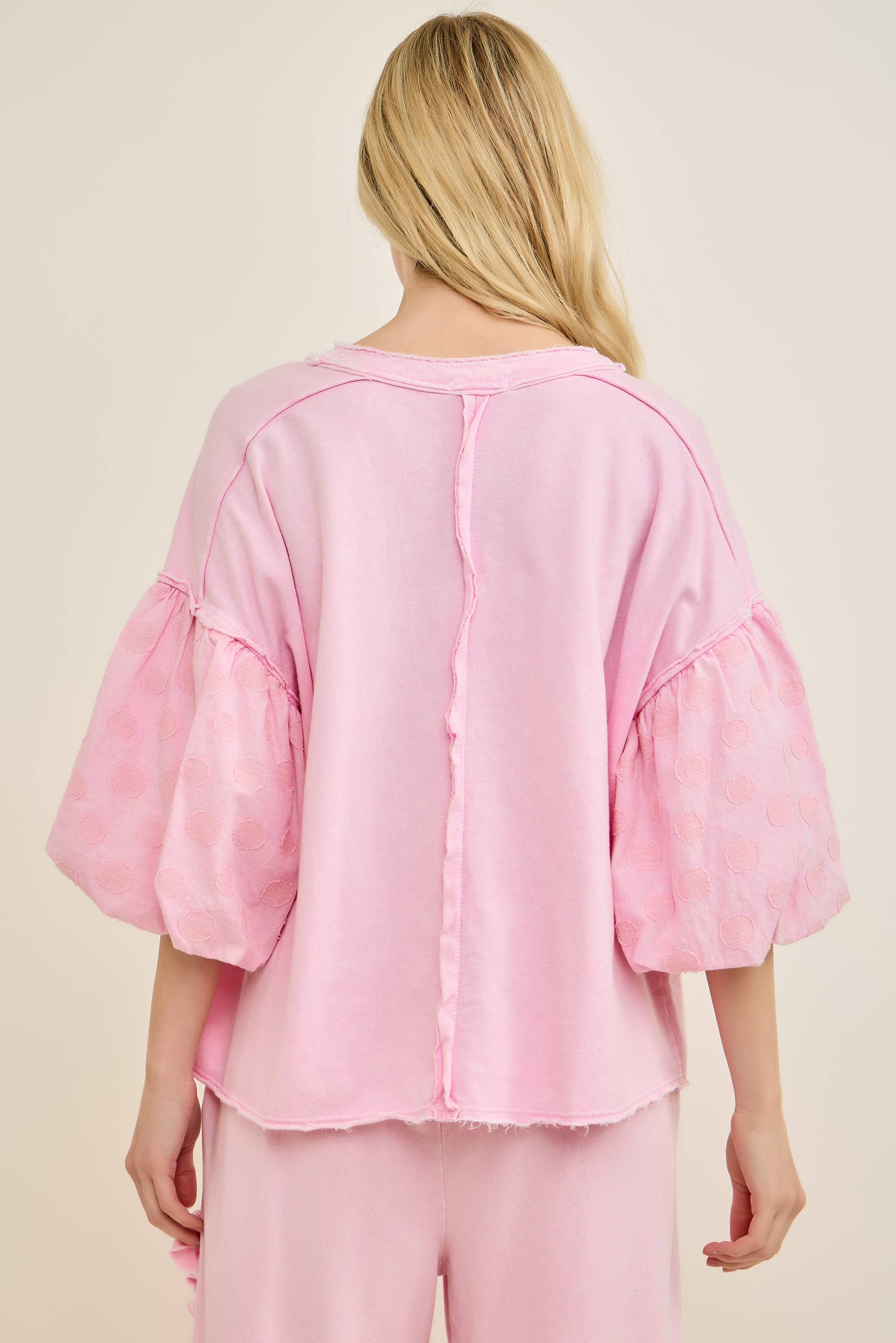 Mineral Washed Pink Polka dot Balloon Puff Blouse