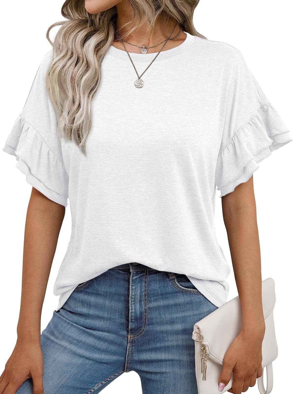 Women's Ruffle Sleeve Crew Neck T-Shirt – Casual Summer Solid Color Top