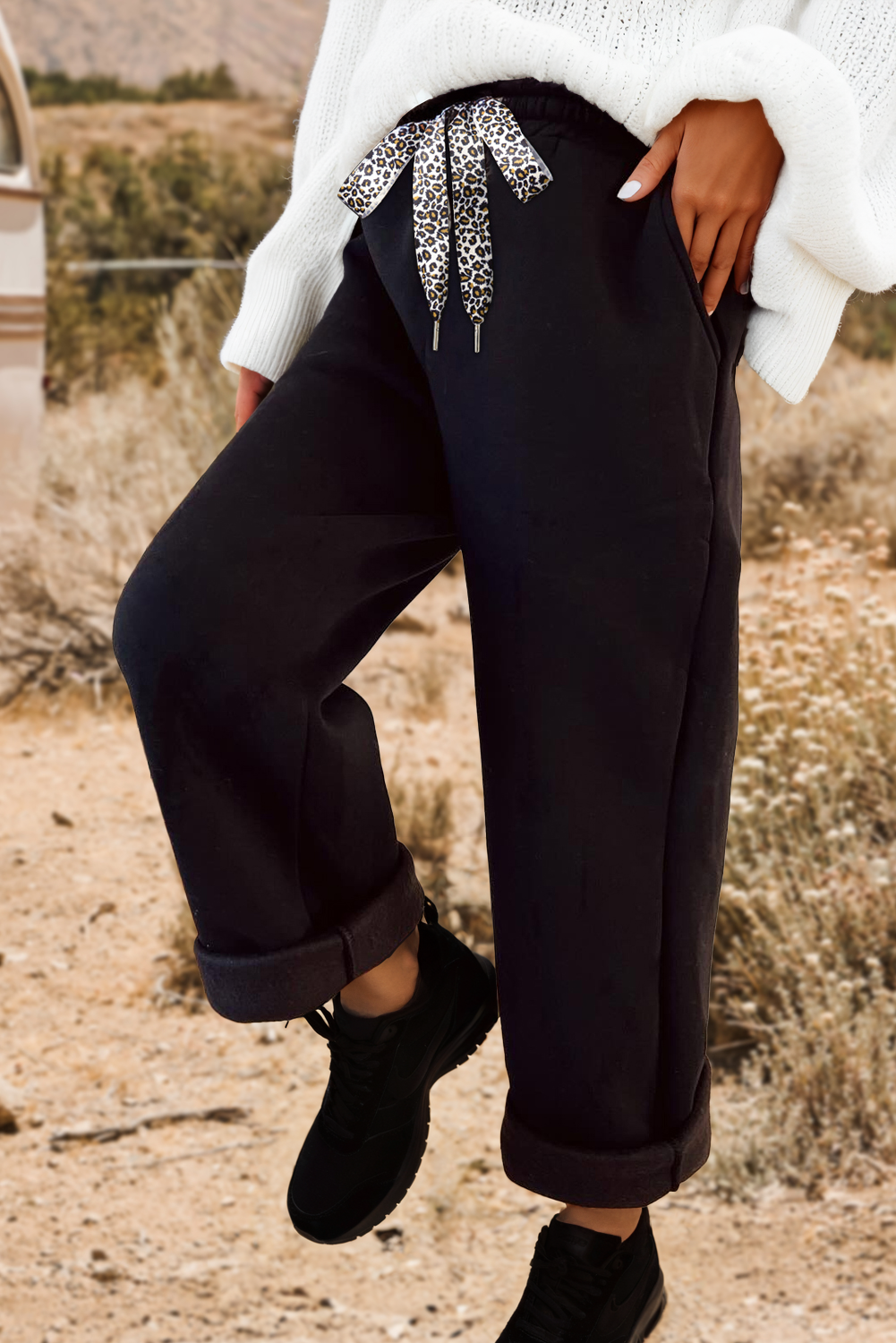 Fashion Fleece Lined Leopard Drawstring Elastic Waist Pants - Birdie Lane Boutique