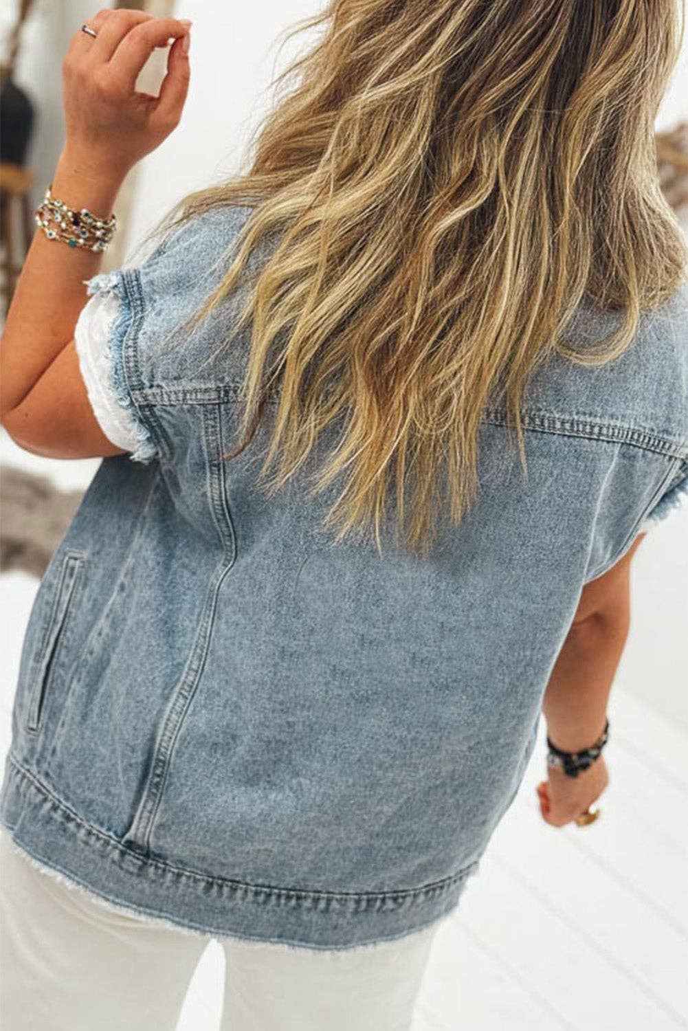 Myosotis Button Flap Pocket Frayed Detail Denim Vest