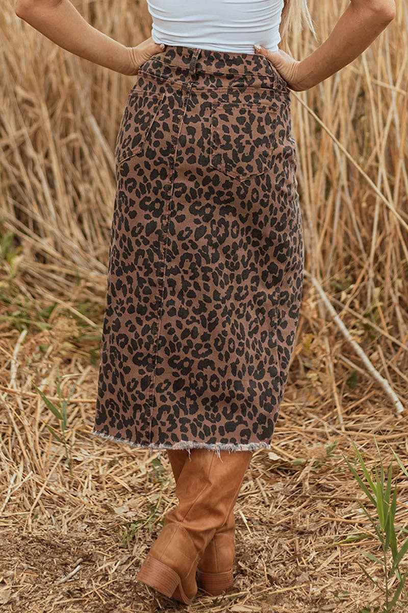 Leopard Frayed Split Denim Midi Skirt