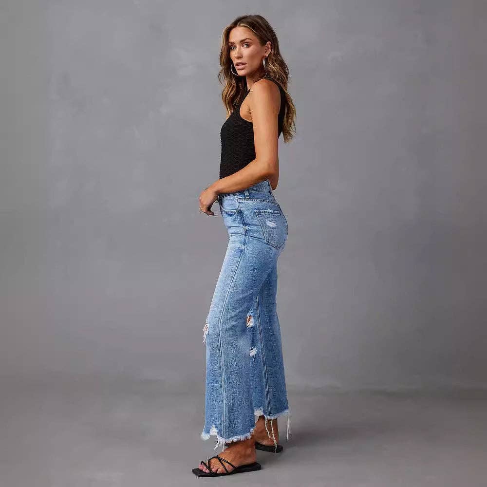 High Waist Distressed Wide Leg Denim Pants with Tie-Dye Wash