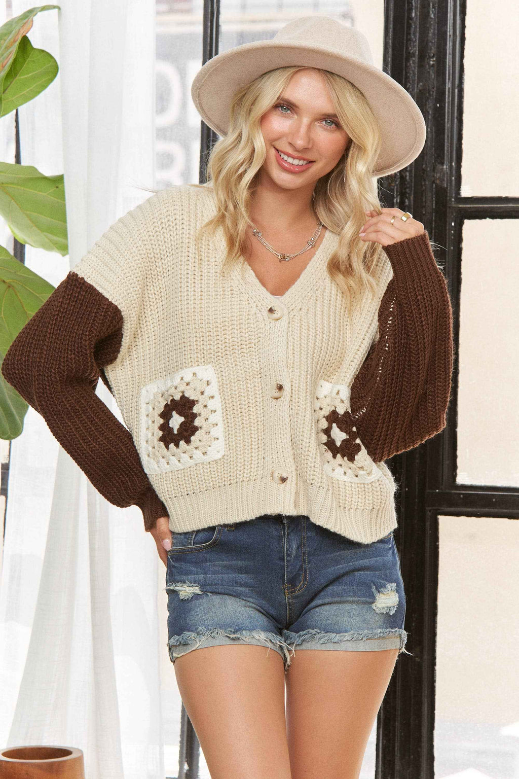 LESW3946-CROCHET PATCHWORK BUTTON-UP CARDIGAN