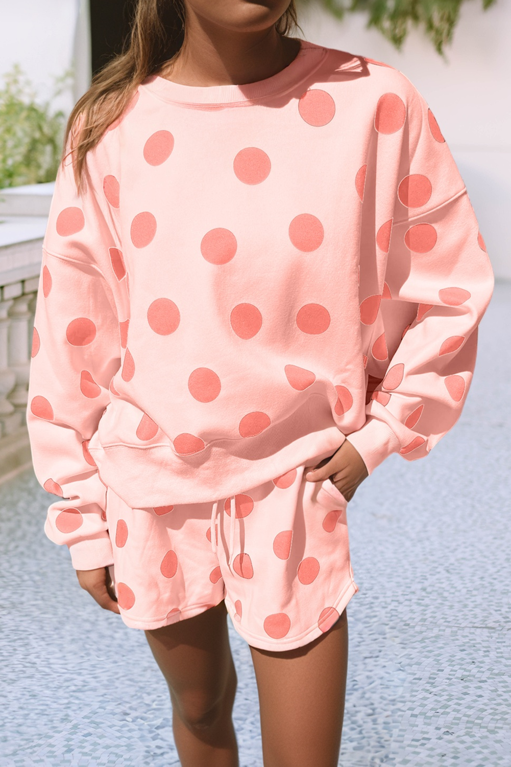Polka Dot Drop Shoulder Pullover Drawstring Short Set