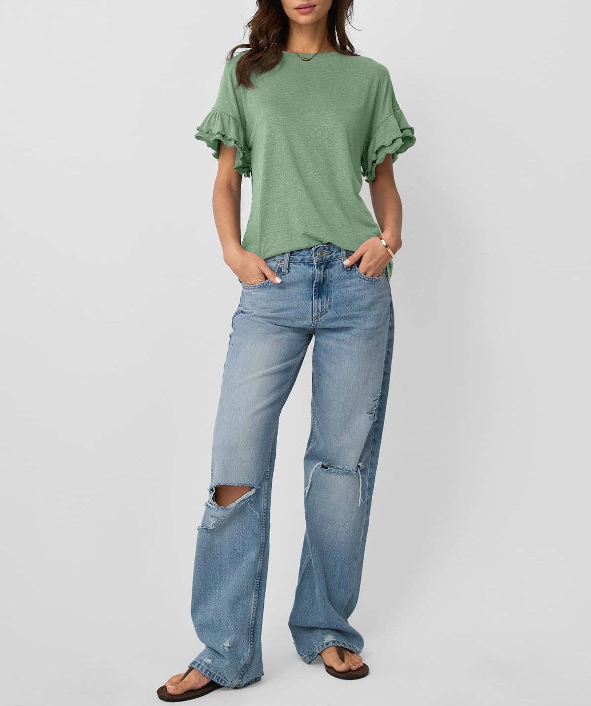 Women's Ruffle Sleeve Crew Neck T-Shirt – Casual Summer Solid Color Top