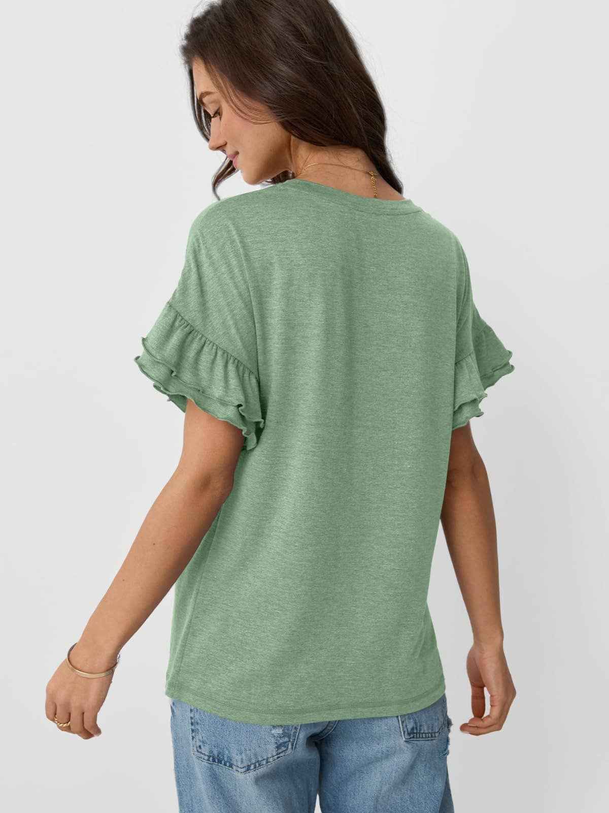 Women's Ruffle Sleeve Crew Neck T-Shirt – Casual Summer Solid Color Top
