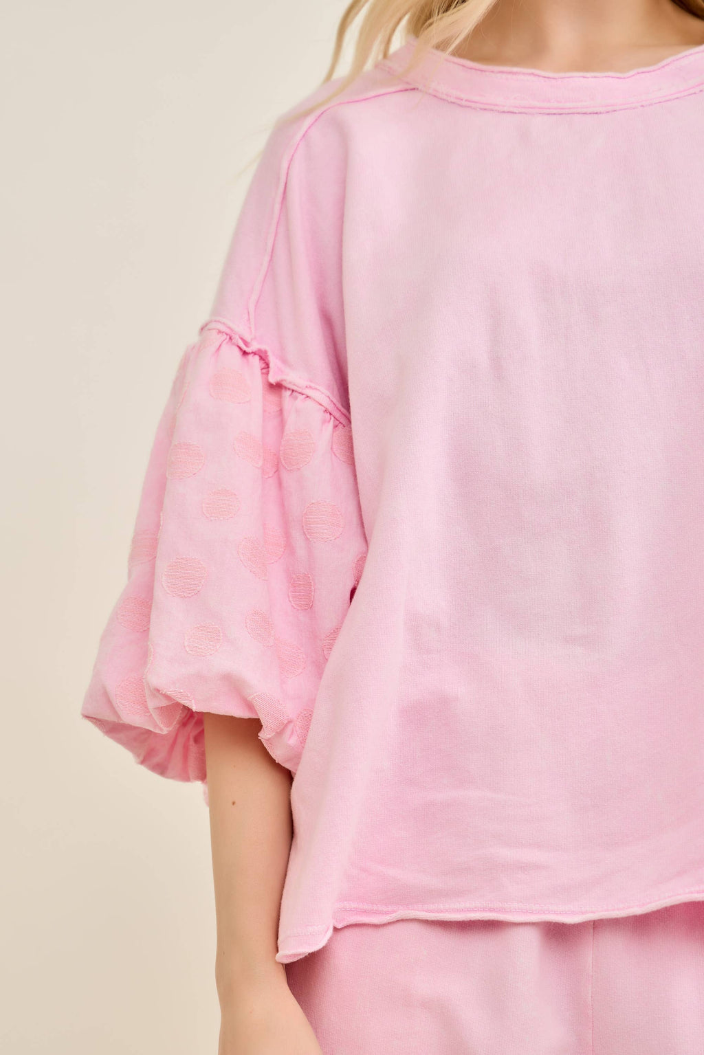 Mineral Washed Pink Polka dot Balloon Puff Blouse
