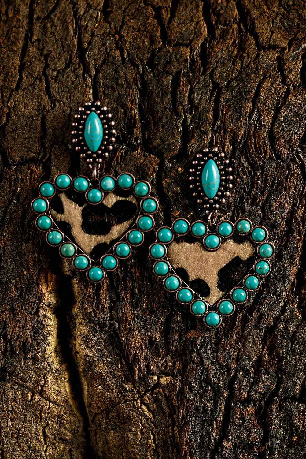 LDC Studded Leopard Insert Heart Dangle Earrings