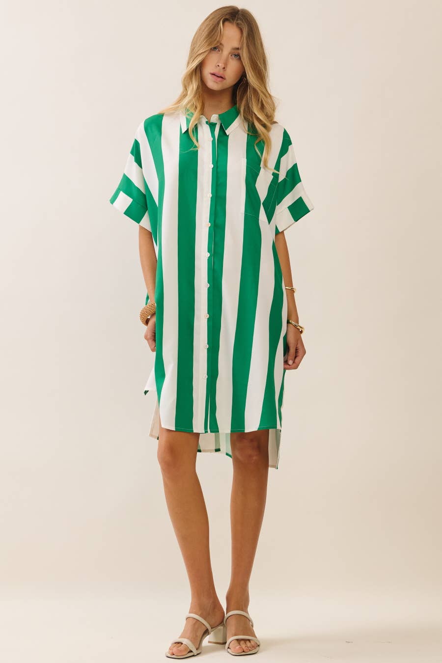 Vertical Stripe Short Sleeve Button-up Dress