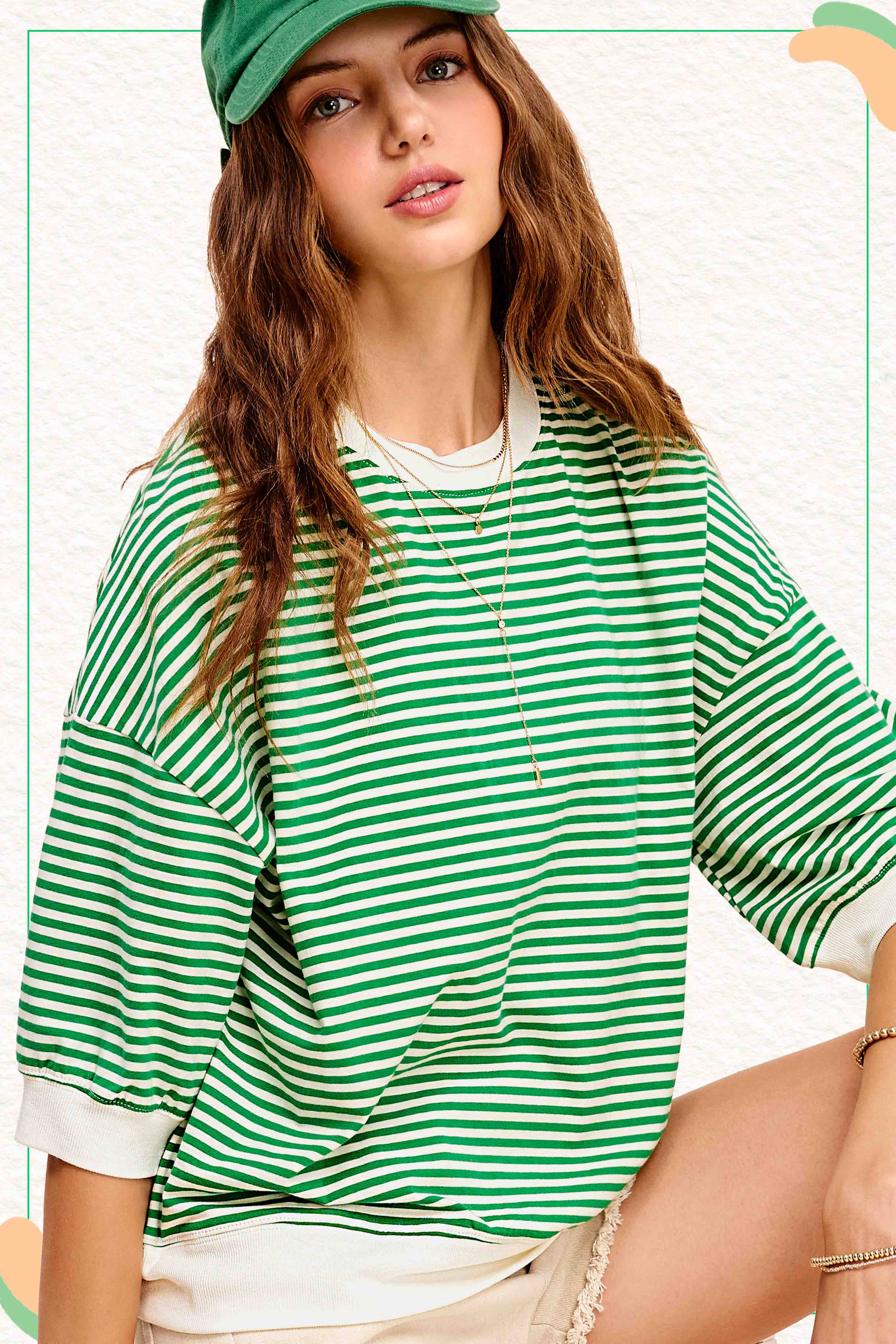 MCT7688-Loose Fit Striped Short Sleeve Crew Neckline Top