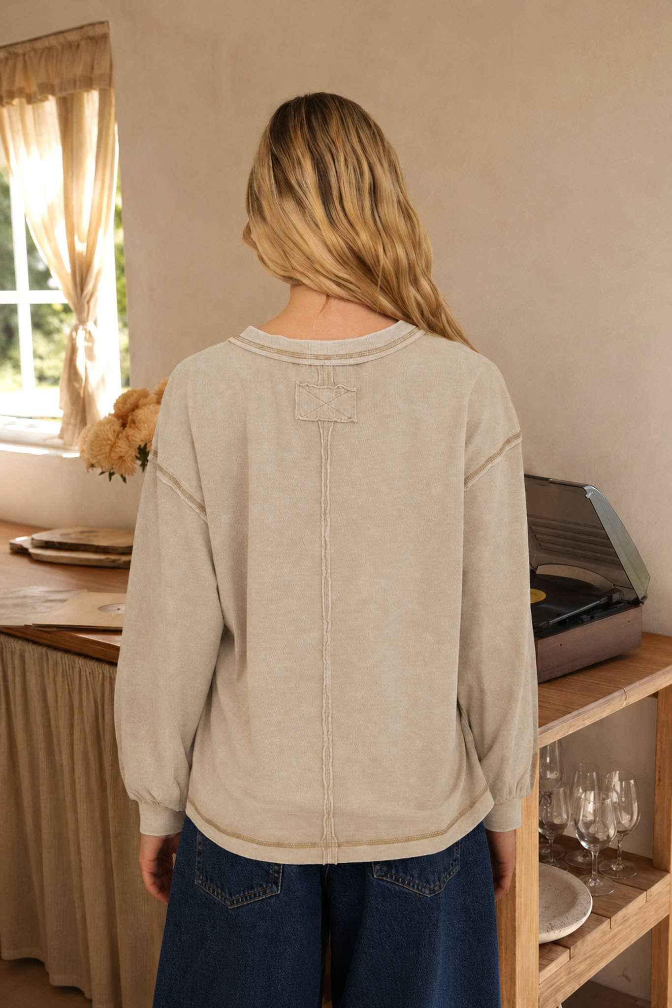 WASHED INVERTED SEAM DETAIL LONG SLEEVE KNIT TOP