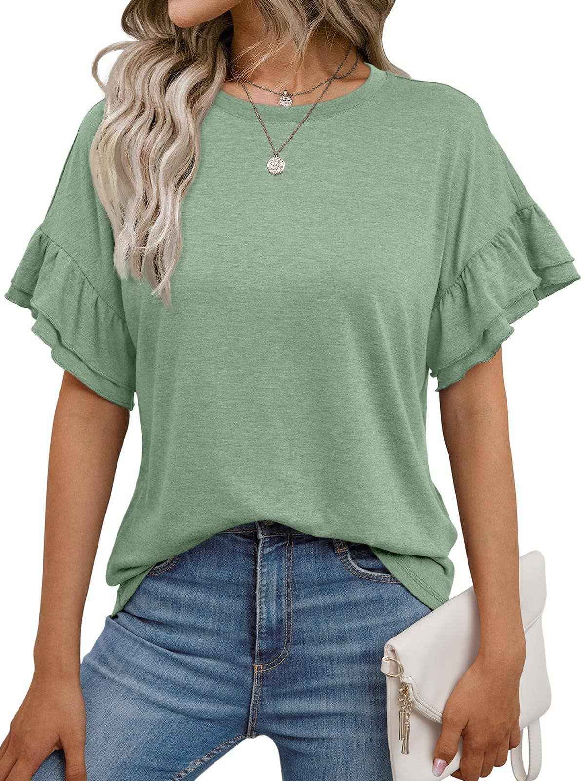 Women's Ruffle Sleeve Crew Neck T-Shirt – Casual Summer Solid Color Top