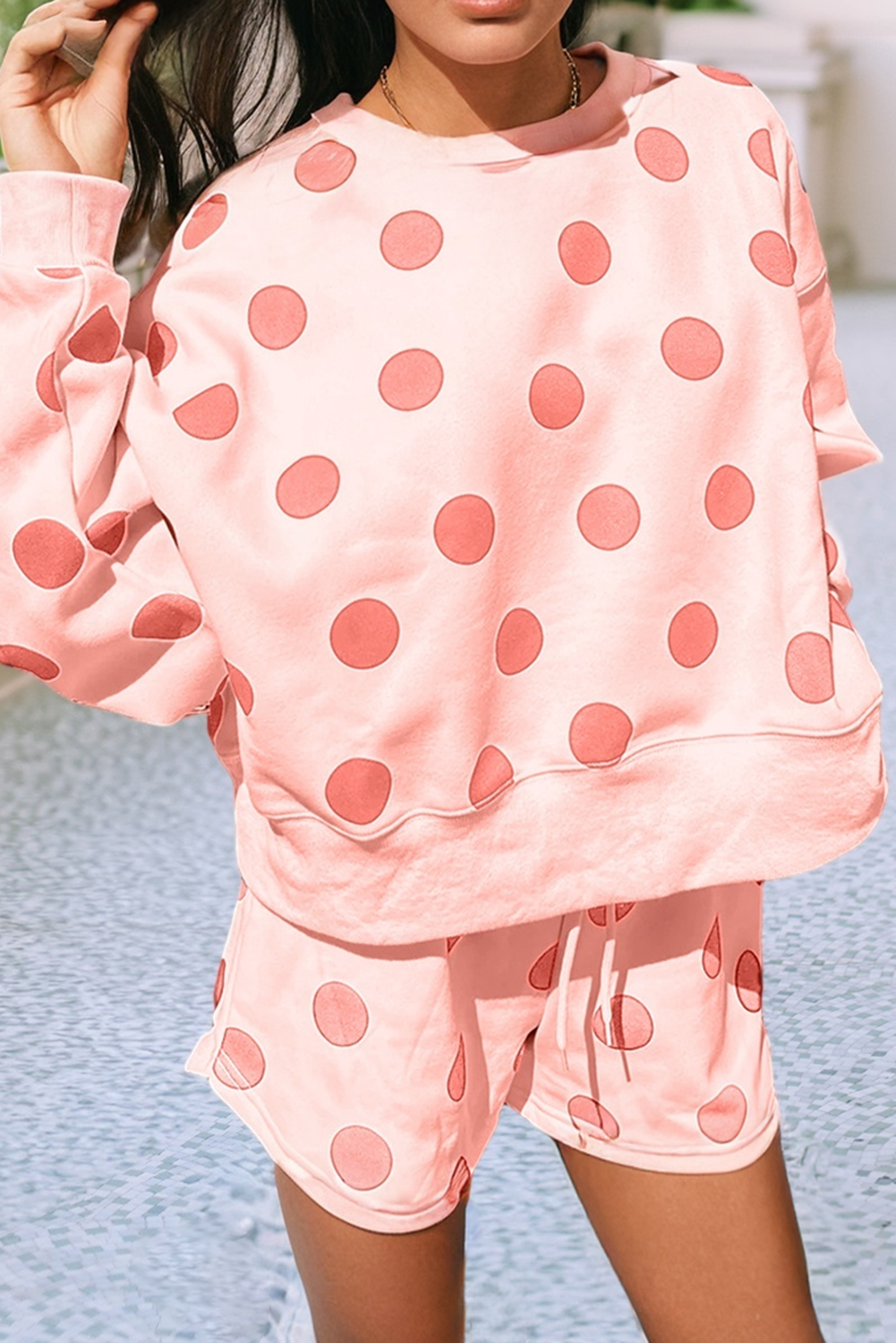 Polka Dot Drop Shoulder Pullover Drawstring Short Set