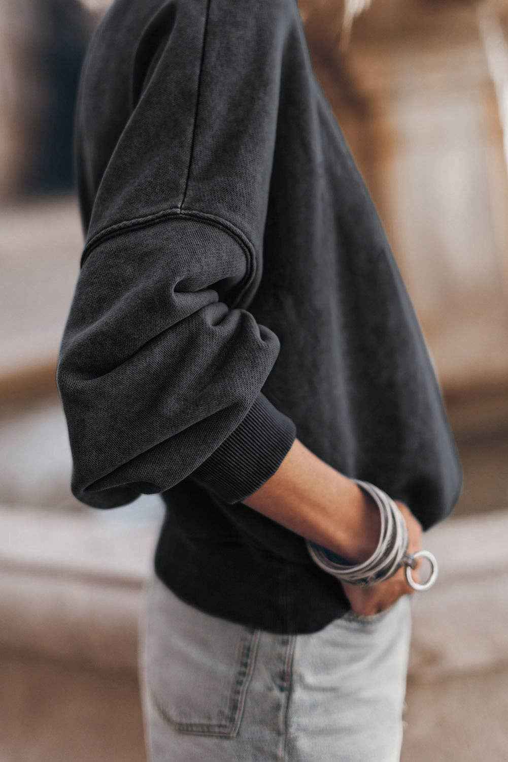 Solid Color Drop Shoulder Crew Neck Pullover Sweatshirt: Blue / 75%Polyester+25%Cotton / M