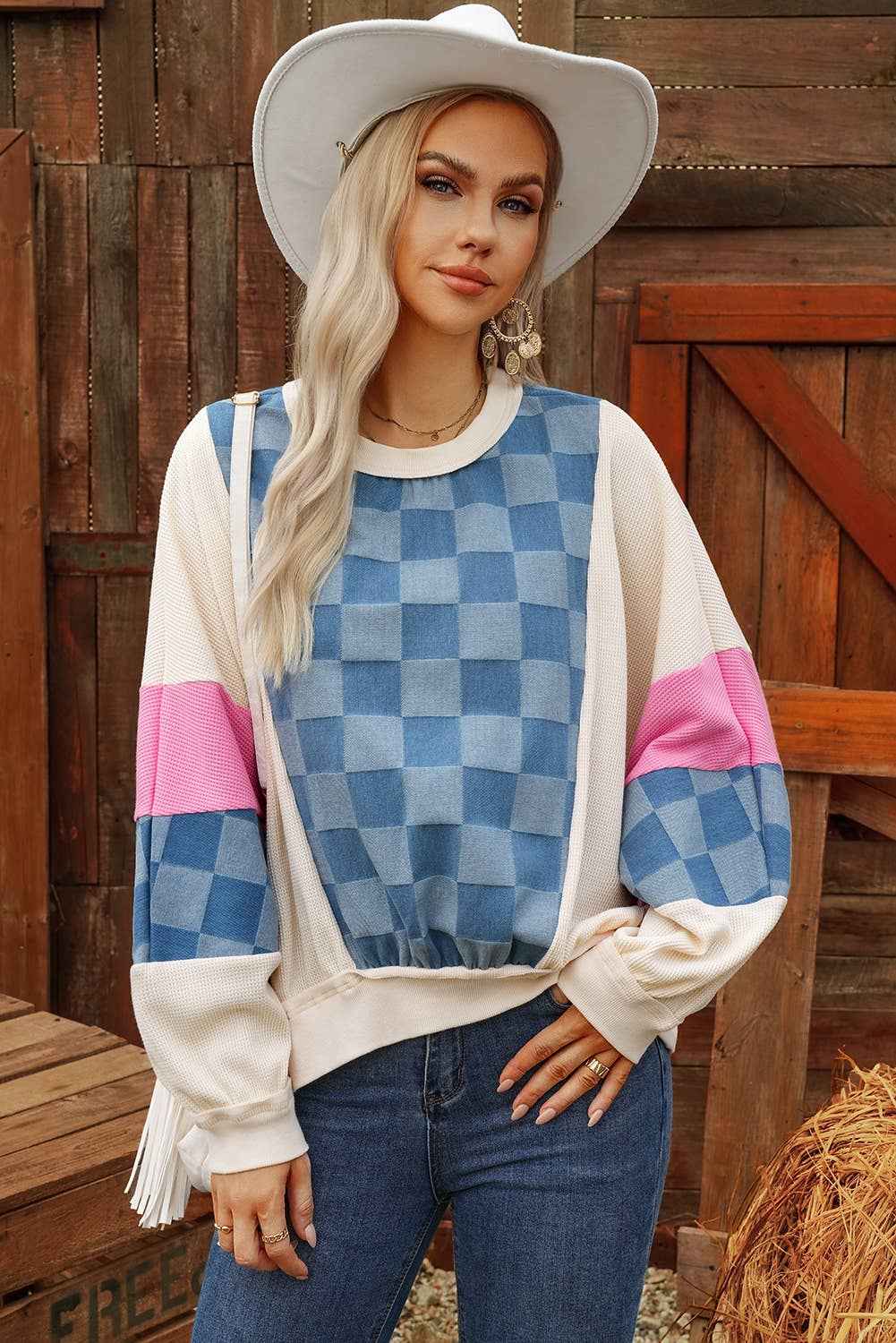 Fashion-W Checkered Denim Exposed Seam Patch Sweatshirt