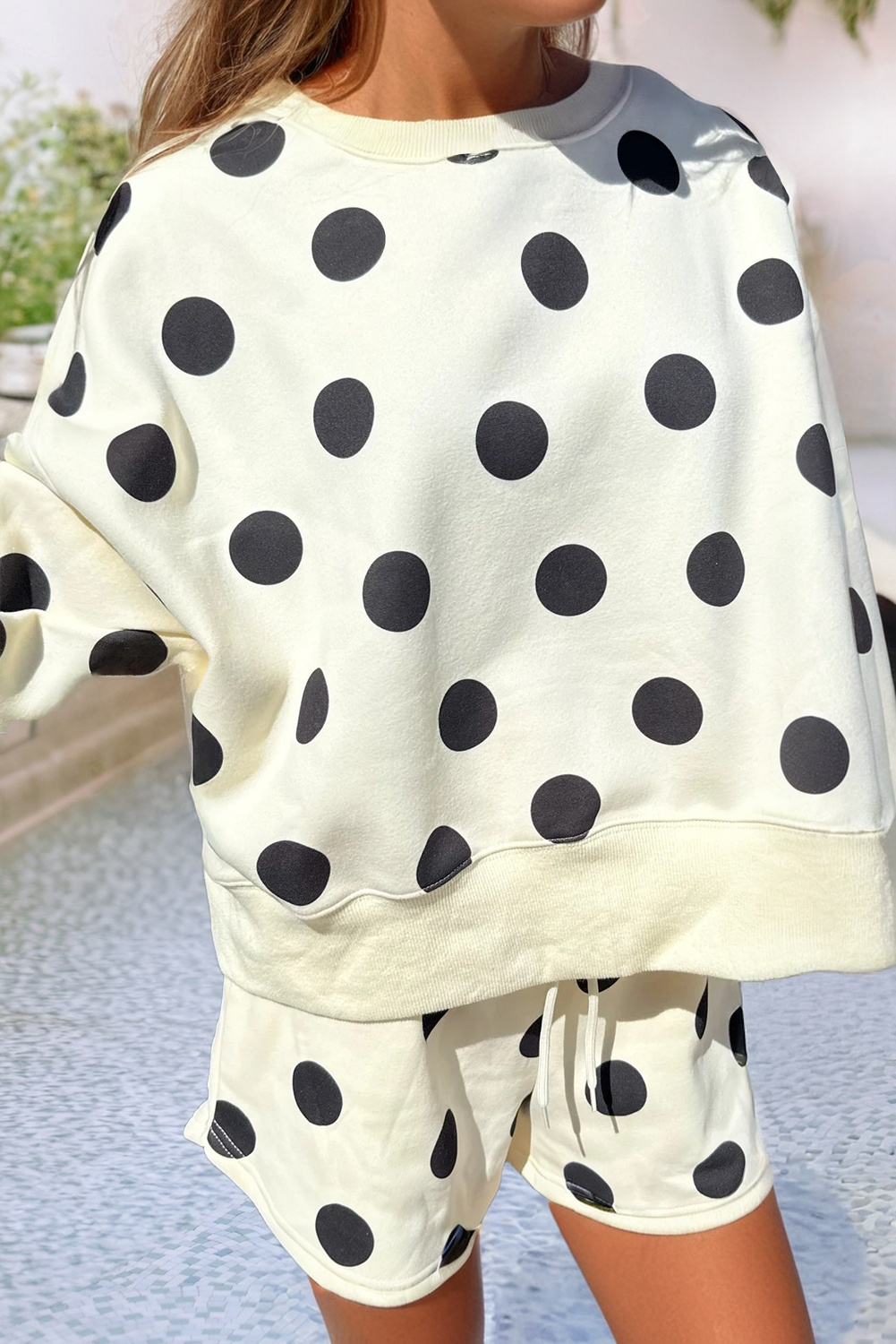 Polka Dot Drop Shoulder Pullover Drawstring Short Set