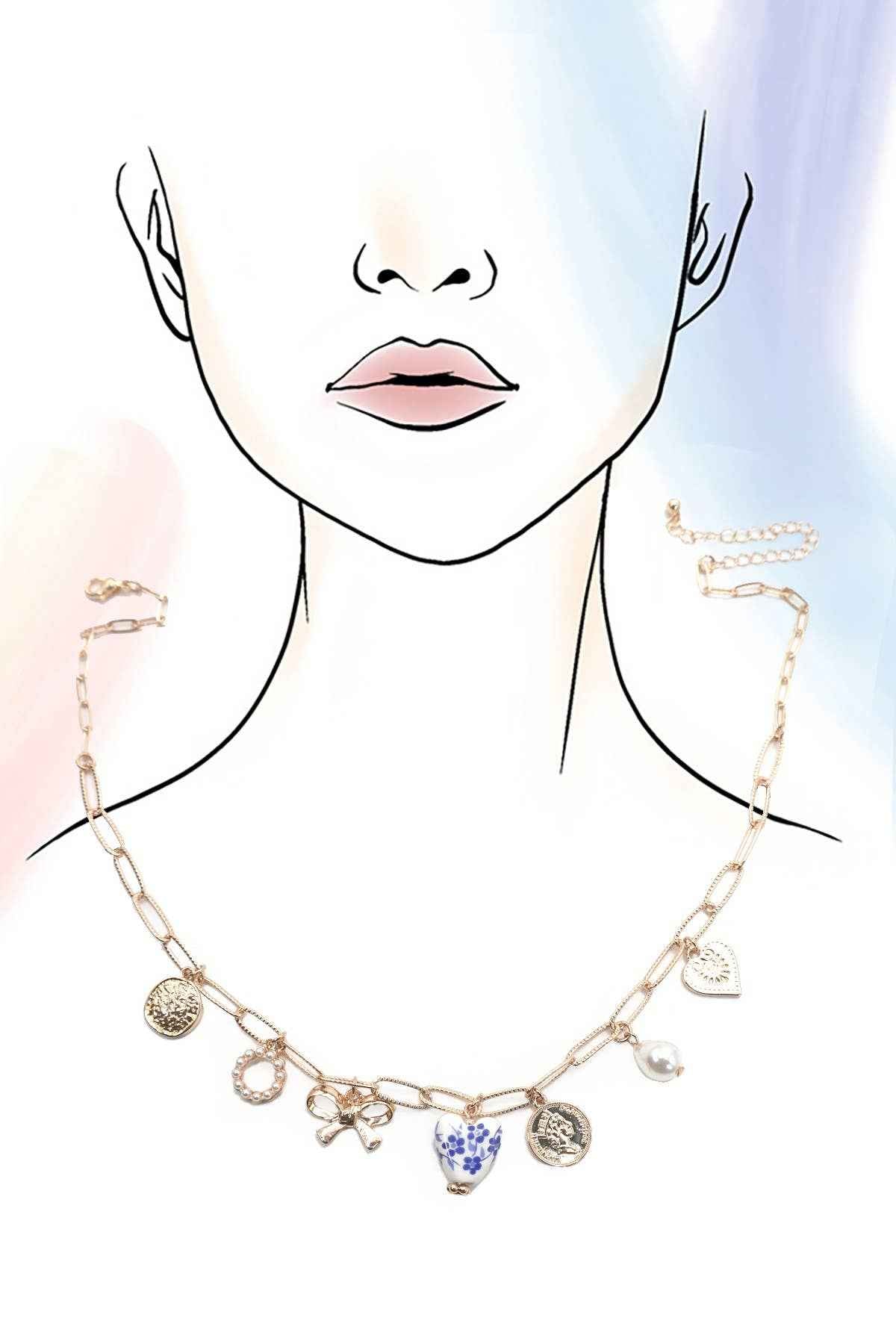 CERAMIC PORCELAIN BOW HEART CHARM LINK NECKLACE