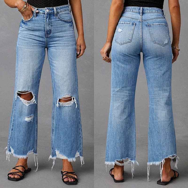 High Waist Distressed Wide Leg Denim Pants with Tie-Dye Wash