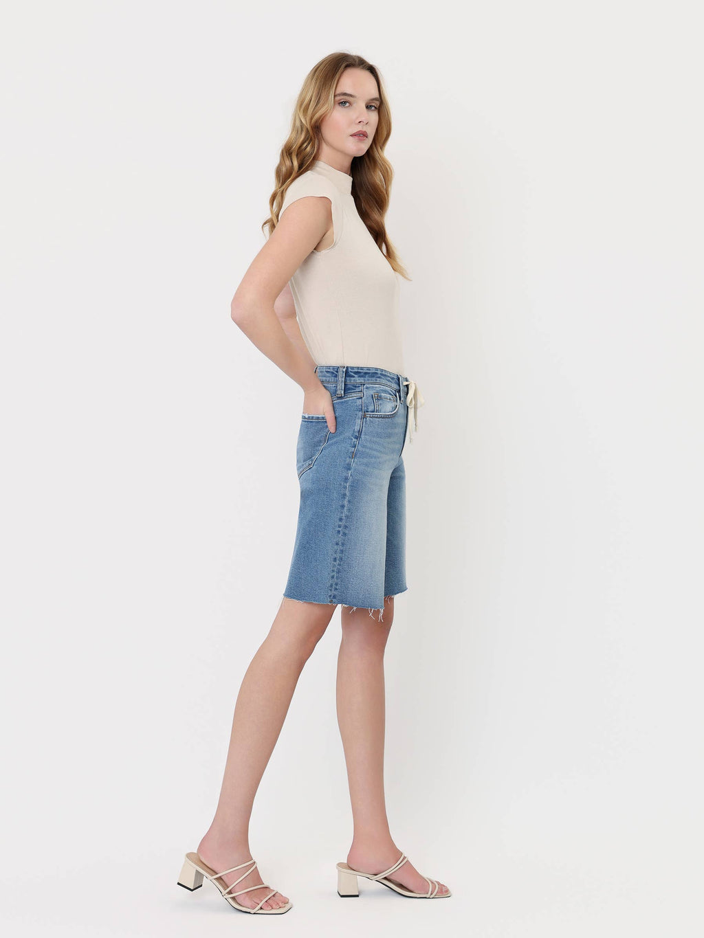 HIGH RISE WAIST TIE DENIM BERMUDA SHORTS