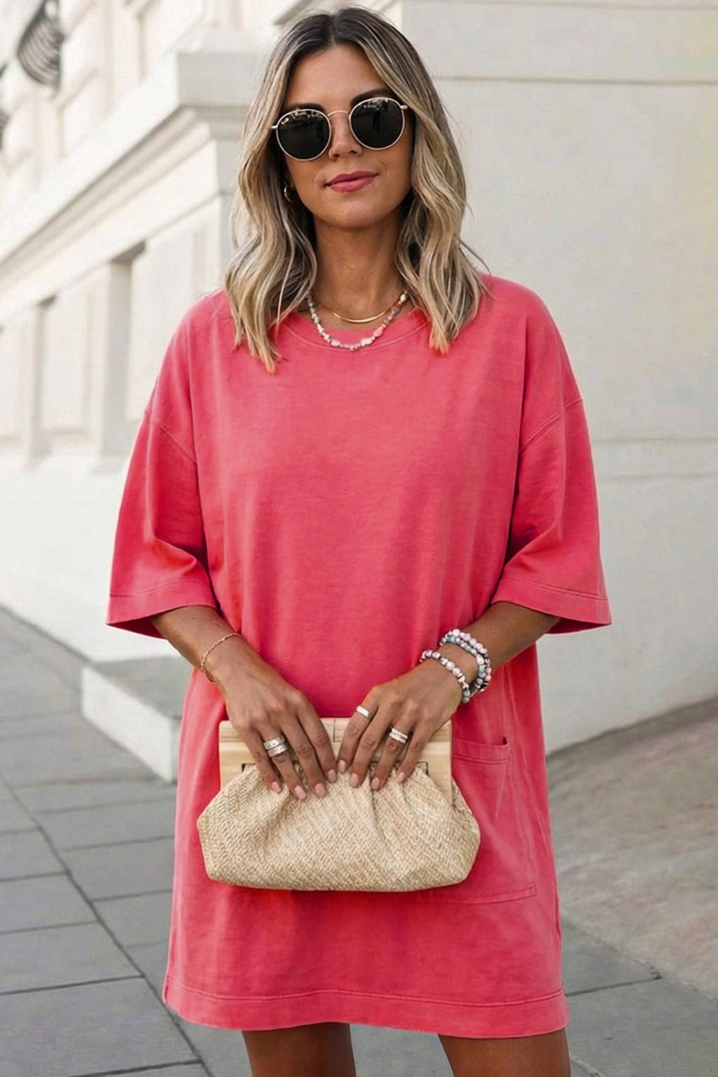 Solid Drop Shoulder Loose T Shirt Mini Dress | S-XL