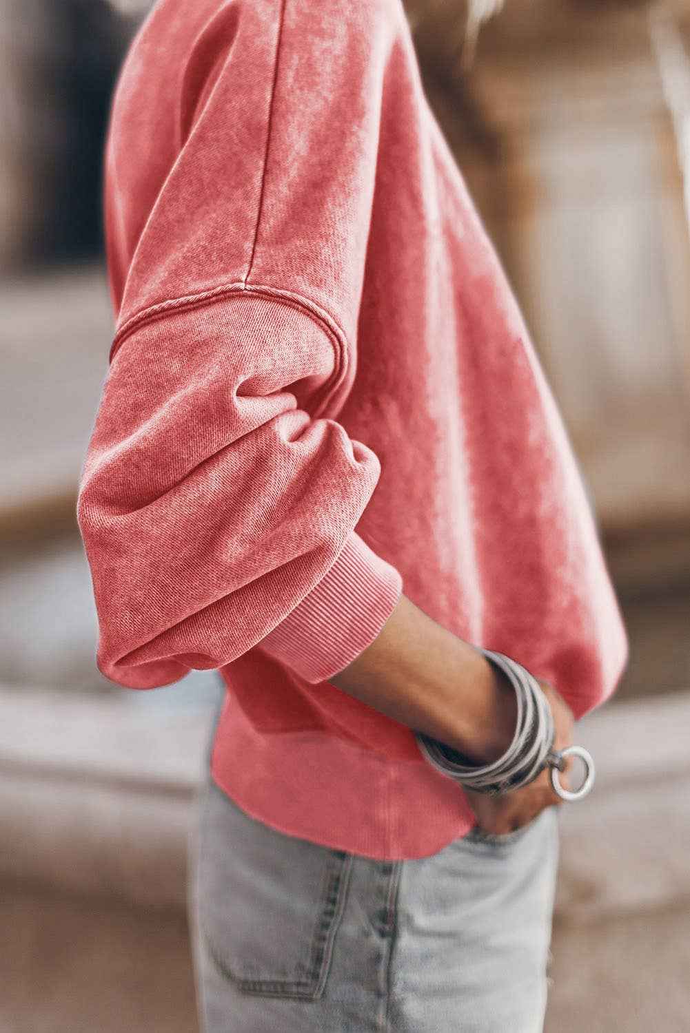 Solid Color Drop Shoulder Crew Neck Pullover Sweatshirt: Blue / 75%Polyester+25%Cotton / M