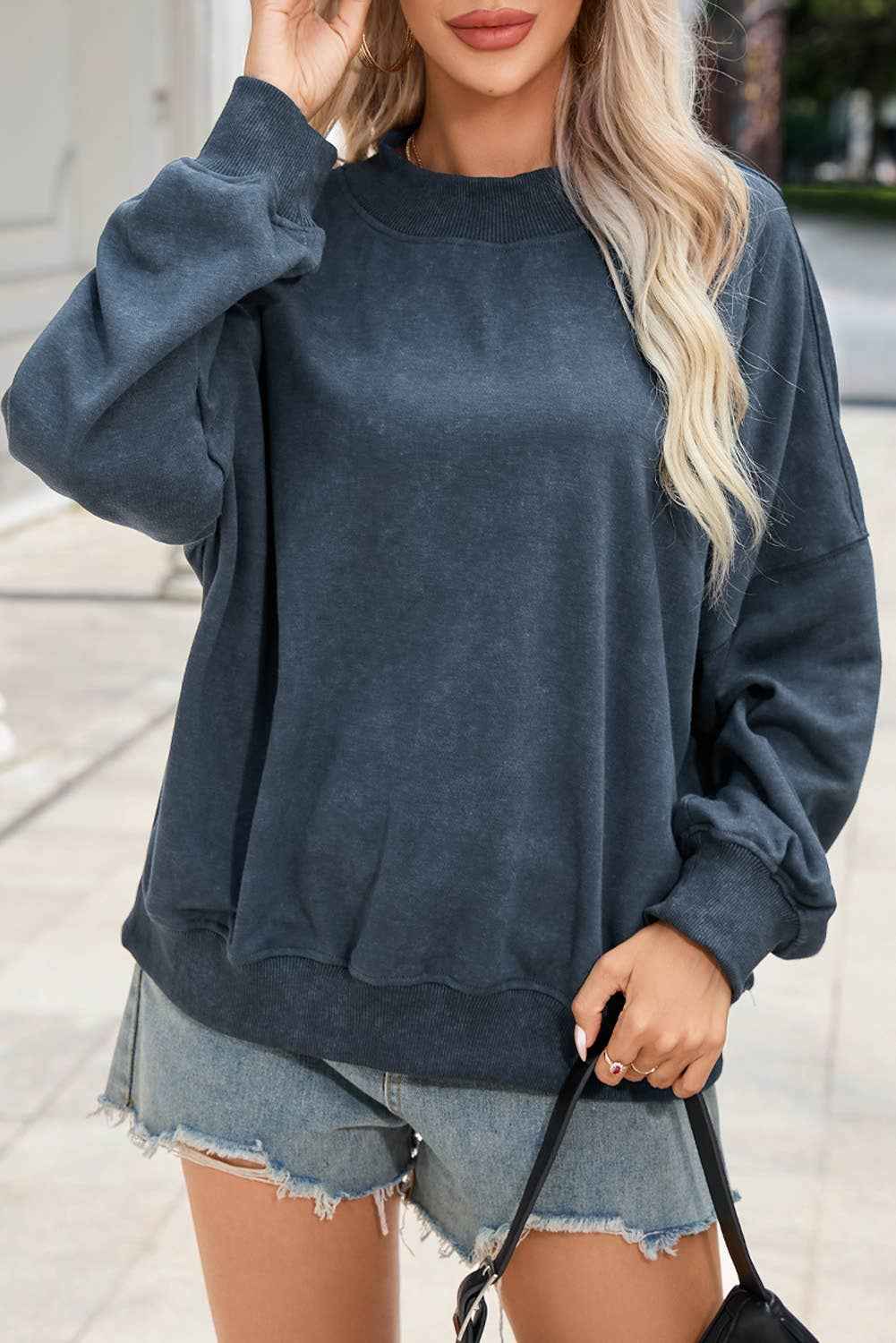 Solid Color Drop Shoulder Crew Neck Pullover Sweatshirt: Blue / 75%Polyester+25%Cotton / M