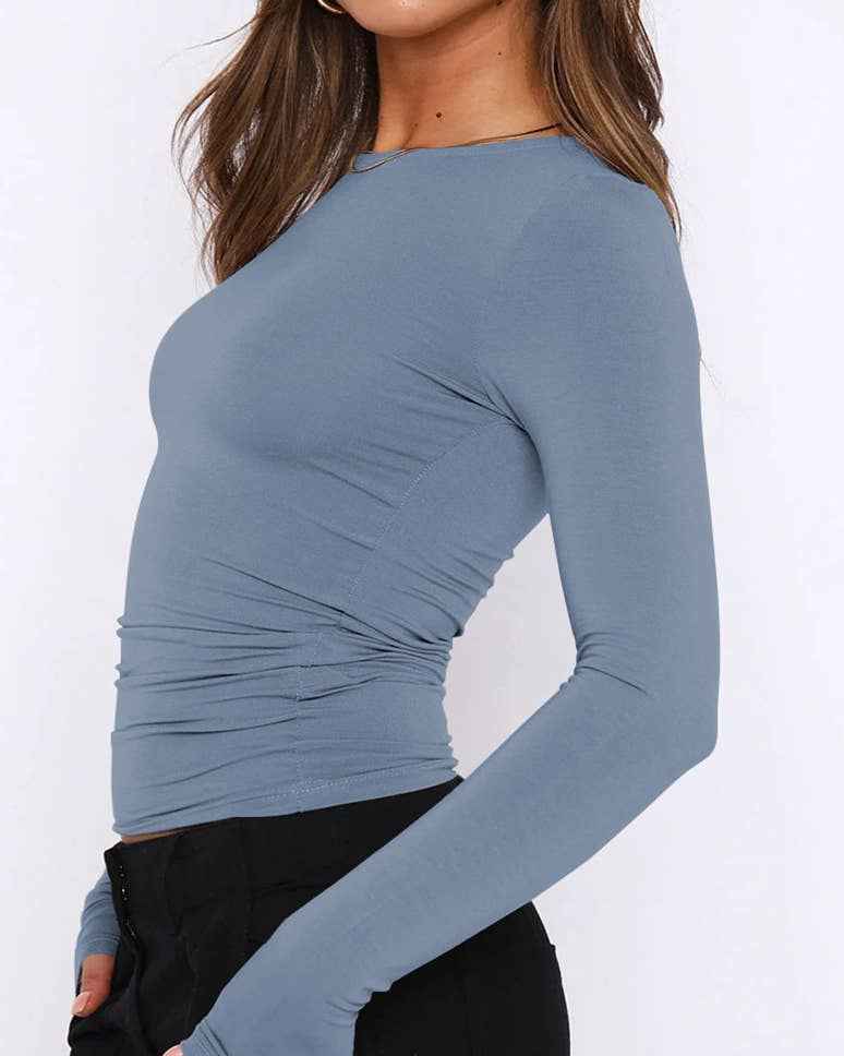 Sweetkama Ladies Solid Color Long Sleeves Casual Tee
