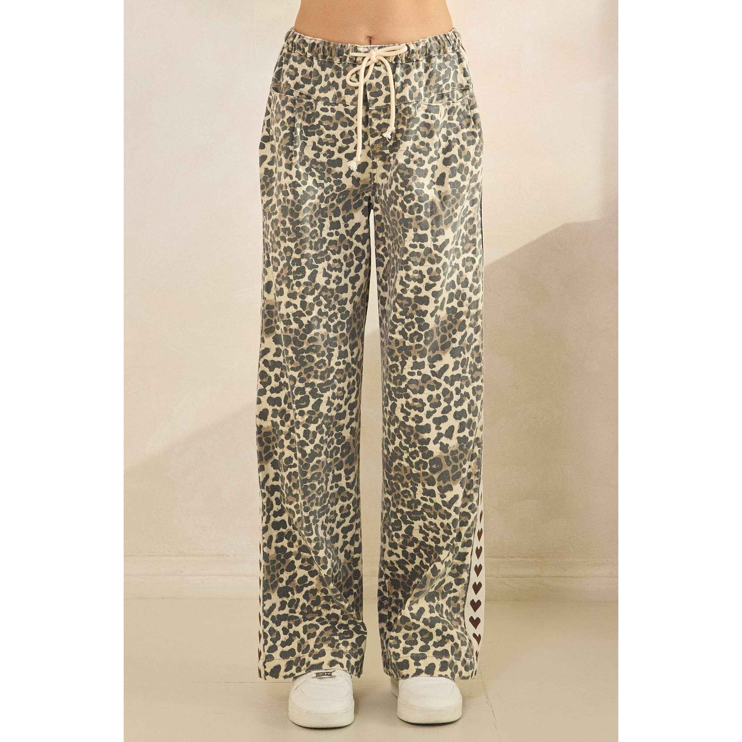 Leopard Printed Striped Wide Legged Pants