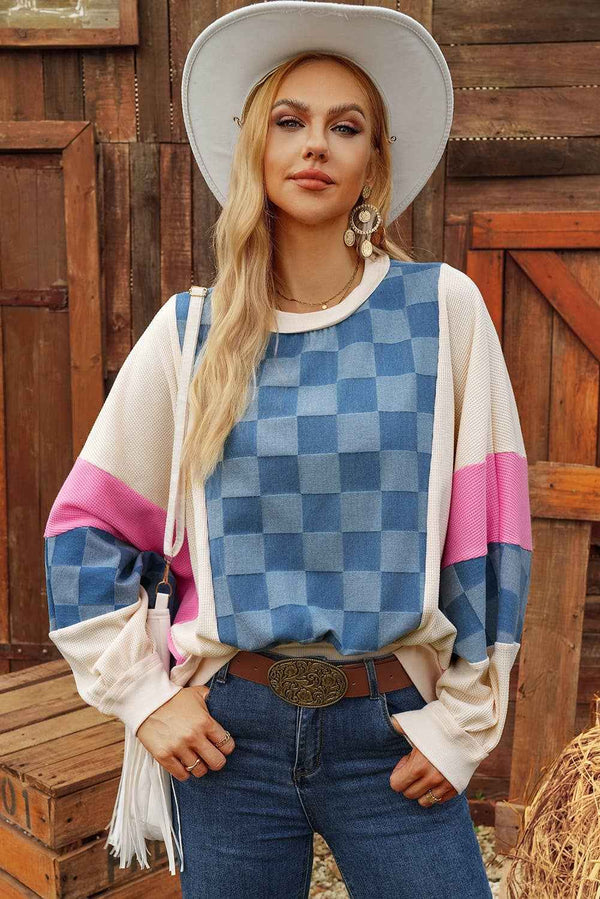 Fashion-W Checkered Denim Exposed Seam Patch Sweatshirt