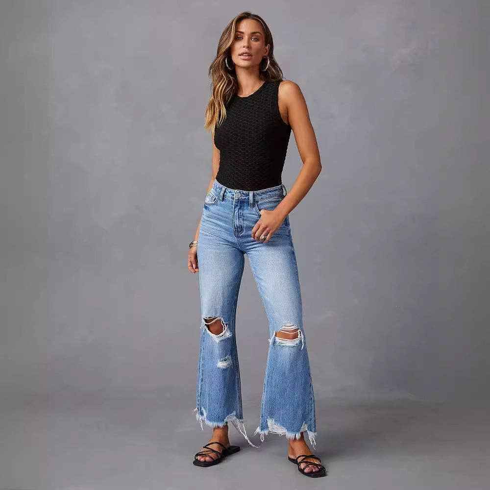 High Waist Distressed Wide Leg Denim Pants with Tie-Dye Wash